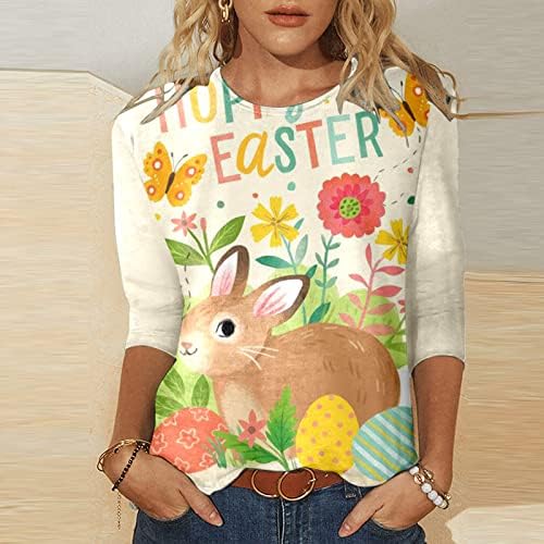 Велигденска кошула за зајаче за жени 2023 гроздобер цветни 3/4 ракав О вратот модни обични кошули блузи кратки жени