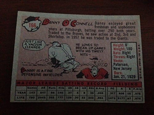1958 година Бејзбол Топс Дани О'Конел картичка 166 Втора база! Сан Франциско гиганти! Сенатори во Вашингтон! Питсбург пирати! Милвоки