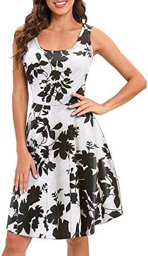 Коктел фустани за жени, женски летни модни обични растенија печати О-вратот за зашивање на ракави без ракави на плажа А-линија фустан