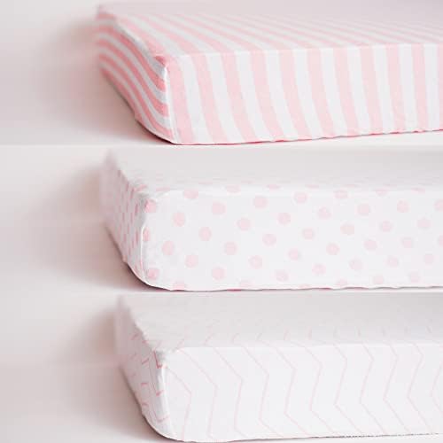 Nodnal Co. 3 опремени розови чаршафи и чаршафи со басинет - ОЕКО -Текс памук за постелнина - розово/бело шеврон, полко -точка и лента