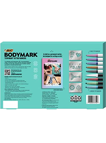 BIC Bodymark Привремени маркери за тетоважа за кожа, сет на уметници, мешан врв, Skinsafe, козметички квалитет, 9 разновидни маркери во боја, 5