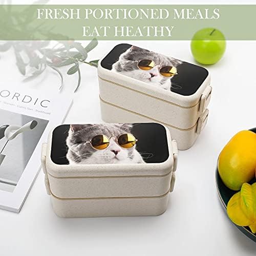 Модни очила мачки бенто кутија за ручек 2 контејнери за складирање храна со лажица и вилушка