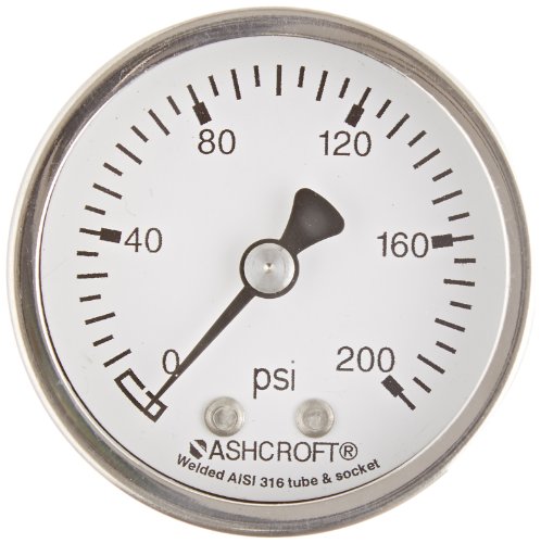 Ashcroft Type 1008S Мерач на притисок од не'рѓосувачки челик, 50мм големина на бирање, 1/4 NPT Center Connection, 0/100 PSI опсег