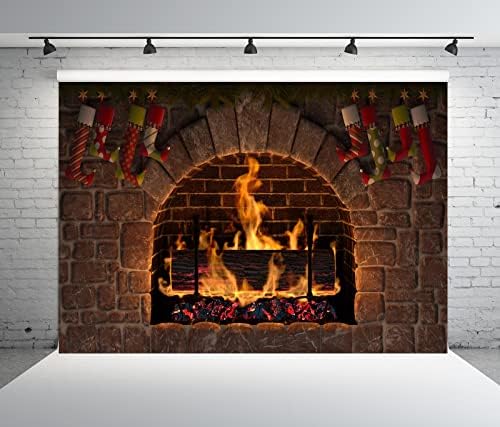 Белеко 10x8ft ткаенина Божиќна огниште фотографија позадина гроздобер камен камин Божиќни декорации за порибување на огревно дрво Позадина Зимска