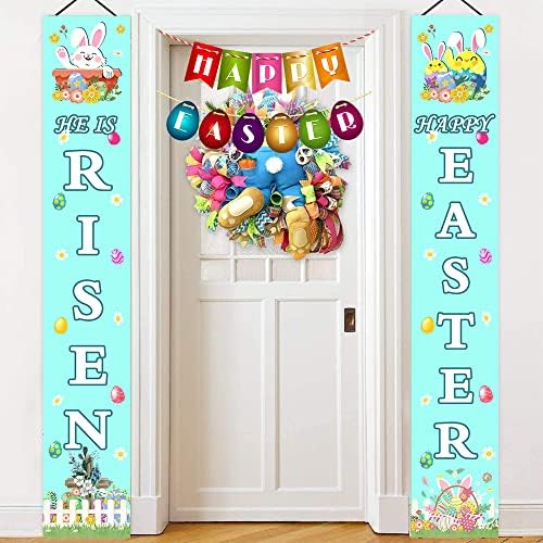 Среќен знак на велигденски тремот, велигденска декорација пролетна тема што виси банер Велигденски јајца зајаче празници за празници