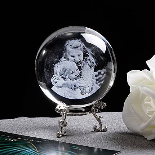Xingfa Прилагодено стакло топка со фото, 2Д ласерска врежана кристална фото топка со база, прилагодена кристална фотографија, прилагодени