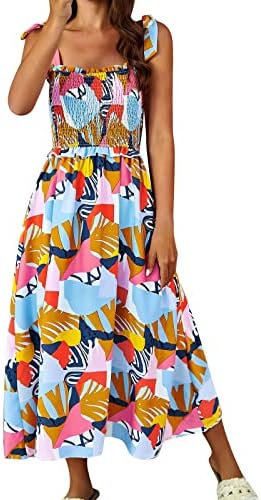 Icodod фустан женски 2023 летен вратоврска лента плоштад вратот на вратот проточен цветен принт Boho maxi случајни кратки фустани за жени