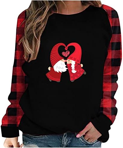 Денот на в Valentубените кошули жени блуза loveубов срце графичка графичка маичка со долги ракави, спојувајќи го биволот кариран пулвер врвен