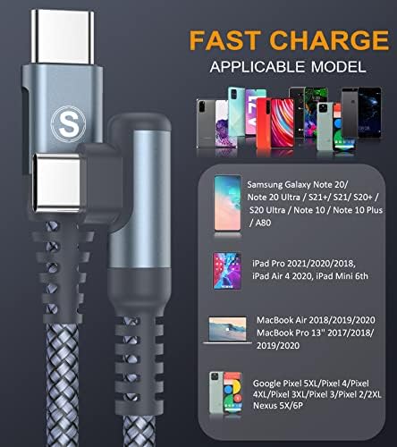 Sweguard USB-C до USB-C кабел 60W 3,3ft, десен агол тип C до C Брза полнач на полнач компатибилен со Samsung Galaxy S22 Ultra S21 S20+ Note 20