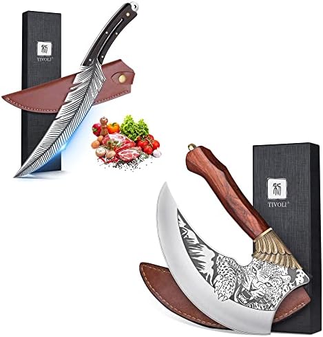 Тиволи Резба нож со 9-инчен Пица Машина Секира Улу Нож, Рака Фалсификувани Целосна Танг Нож Со Обвивка Високо Јаглероден Челик Кујна Готвење Нож