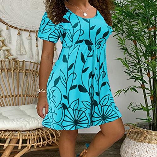 Плус големина Хаваи фустан за жени 2023 Тркалезен врат цвеќиња со цвеќиња со кратки ракави, мини фустан, трендовски преголем проток фустан