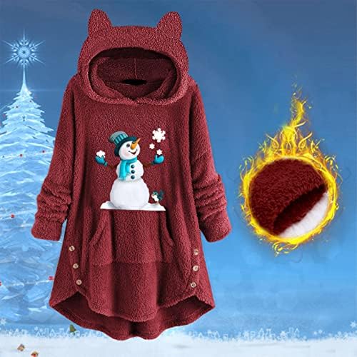 Christmasенски Божиќн снежен графички качулка со мека лабава удобна топла руно џемпер случајна плус големина врвови
