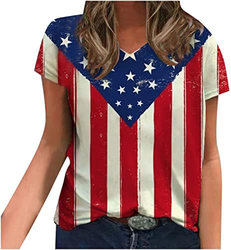 Женски врзани бои блузи градиентски блок во боја Американско знаме опуштено вклопувачки врвови кратки ракави v вратот спандекс блузи 6U