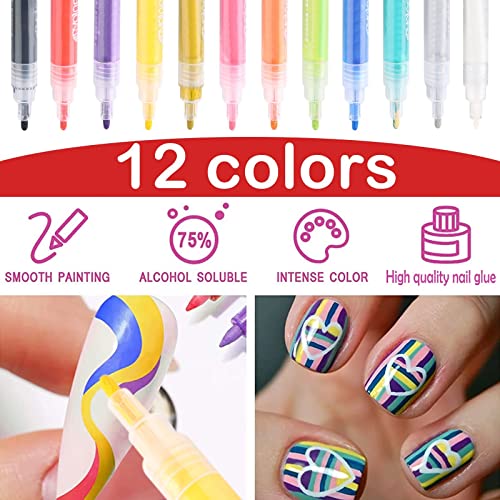 Пенкала за нокти 12 бои Акрилна боја пенкала фини врвови за нокти за 3D линијата за нокти, цртање на цветниот дизајн DIY нокти