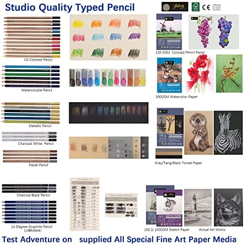 Комплет за скицирање на цртање 91 компјутер, Pro Art Supplies | 102 листови 8 напишани хартии-3 тони, обоен молив, акварел, скица хартија | туторијал,