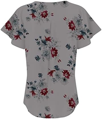 Лесни врвови за жени мода со мода V-вратот плетени цветни печатени кошули случајни тунични удобни блузи со краток ракав