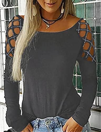 Andongnywell женски солидна боја на обична ладна боја на ладно рамо, врвови со долги ракави, крцкава кошула за блузи со блузи