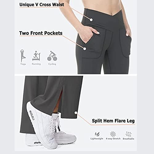 Y-Blue Bootcut јога панталони со џебови за жени вкрстени широки нозе од погледот на нозете Сплит поглава полна должина работа