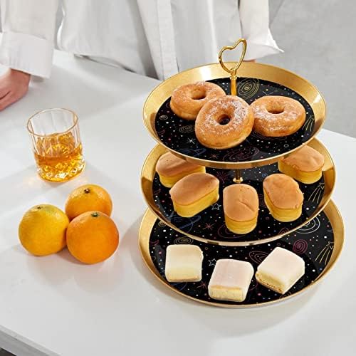 Dragonbtu 3 Tier Cupcake Stand со златен шипка пластична нивоа десерт кула фиока галаксиски црно овошје бонбони приказ за свадбена роденденска