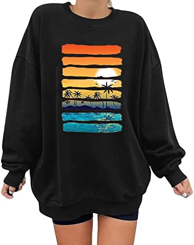 Графички џемпери на Toupko за жени зајдисонце плажа палма за печатење на екипажот на екипажот, џемпер, лабава вклопена долга ракав пад на врвот