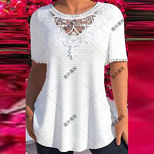 Mrgiinri женски врвови 2023 фустани случајни кратки ракави против маици со вратот, симпатична цветна печатена чипка лабава вклопена