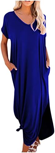 Fragarn женска обична цврста боја со цврста боја V-врат со кратки ракави, лабав страничен отвор, голем замав долг фустан