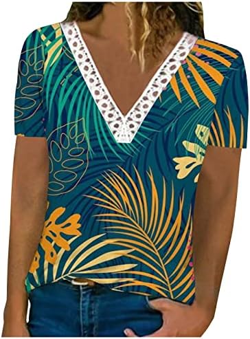 Lutmen'sенски летни врвови од капчиња чипка против вратот со кратки ракави на вратот, елегантна проточна блуза Тропски цвет Хавајски