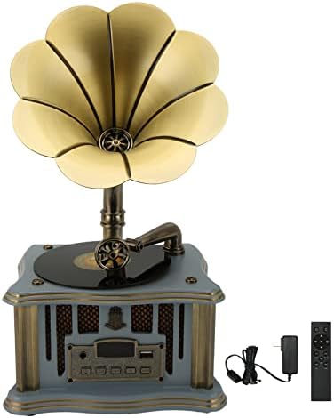 MI1901 Гроздобер грамофон Bluetooth звучник, Hifi стерео звук вграден во ретро фонографски фонографски звук со 2 рогови, со далечински управувач,