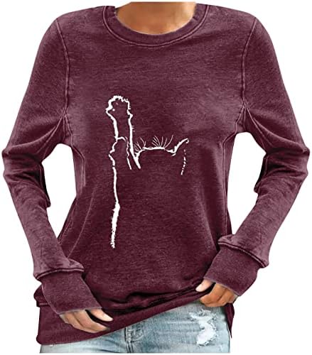 Маичка за џемпери за женска слатка слатка мачка печатена долга ракав, џемпер со тркалезен врат, лабав пулвер врвови, удобни пријатни кошули