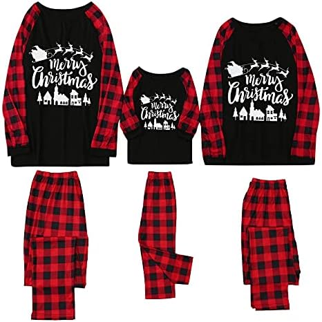 Појавување на семејни пижами поставува Божиќ симпатична графичка буква на PJ Print Top и карирани панталони Jammies за спиење за спиење