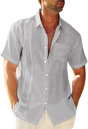 Машки кошули со кратки ракави од памук летни летни копче надолу кошула за одмор на плажа маица со џеб