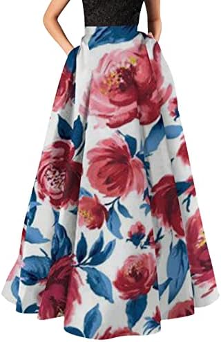 Флорално гроздобер Бохо макси здолниште за жени обични летни проточни здолништа со џебови со високи половини со вртење на здолниште