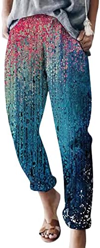 Лето капри панталони за жени жени панталони со џебови Обични памучни печати со високи половини, лабави долги права панталони