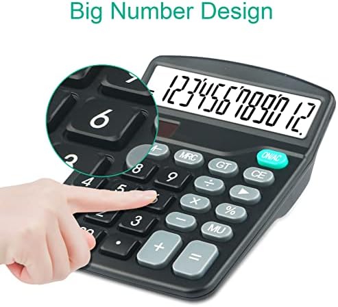 Калкулатор hihuhen 12 цифра калкулатор за биро Големи копчиња Соларна работна површина за училишна канцеларија за дома - вклучена батерија