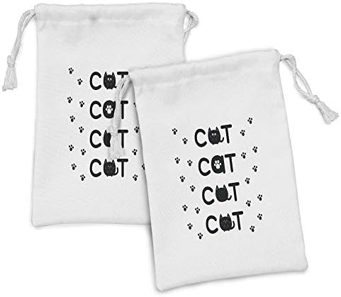 Ambesonne Kitty ткаенина торбичка сет од 2, текст со мачки од мачки во форма на мачки со мали отпечатоци од шепа во црно -бела, мала торба