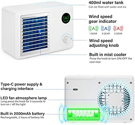 Cxhome Преносен климатик вентилатор Испарувачки ладилник за воздух 3-во-1 воздушен овлажнител 3 брзини & RGB градиент боја USB ретро радио стил