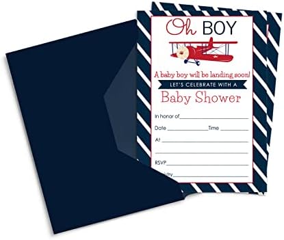 Авион Бебе Туш Покани Со Коверти Персонализира Празно Покани За Момчиња Бебе Туш Посипете – Слетување Наскоро Тема Црвена Бела