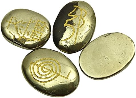 Хармонизирајте го пиритскиот камен овален облик сет од 4 парчиња симбол Каруна Реики лекување кристал духовен