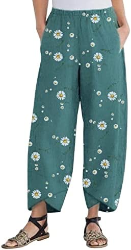 2023 памучни постелнини панталони, лесна лесна широка нога со широки нозе лабава јога каприс маргаритка со цветни печатени панталони со џебови
