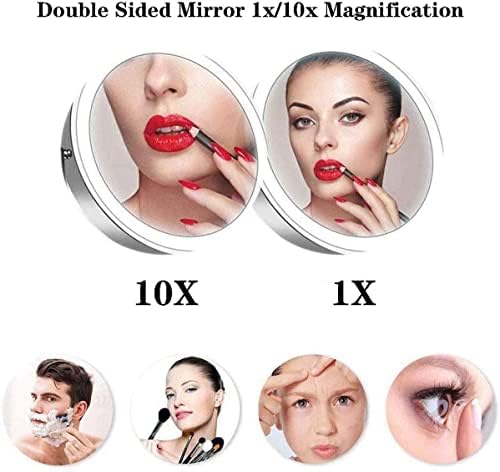8-инчен wallиден монтиран огледало за шминка, 10x зголемување козметичко огледало со светла LED, двострана огледало на огледало 360 ротација,