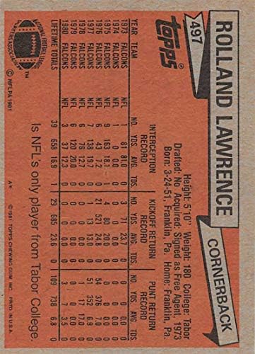 1981 Топпс 497 Роланд Лоренс Соколи НФЛ Фудбалска картичка НМ-МТ