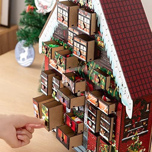 Божиќен Декор Дрвена Куќа Доаѓање Календар 2022 Подарок За Семејни Деца Украси За Божиќни Куќи Вклучува 24 Фиоки Исполнети Со Празнични Фигури