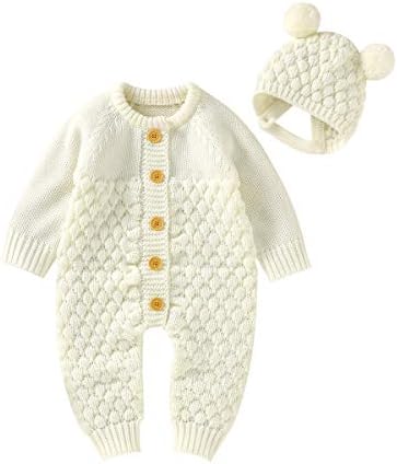 Bieustna Бебе новороденче плетен џемпер ромпер симпатична комбинација со топла капа Унисекс облеката за џемпери за новороденчиња