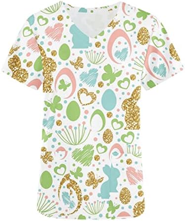 Велигденски кошули за жени SCRUBS_TOPS Симпатична зајак печатен краток ракав против кошула за вратот со џебови