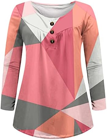 Женски врвови случајни геометрија кошули за печатење во боја на бои со долги ракави отворено копче V-врат лабава вклопена плетена маичка