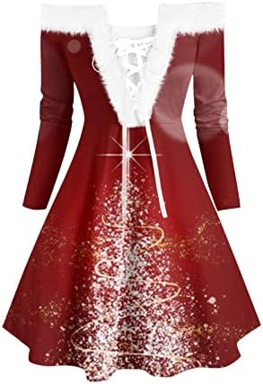Женски Божиќни фустани обични Божиќни печатени гроздобер забава со чипка фустан за жени