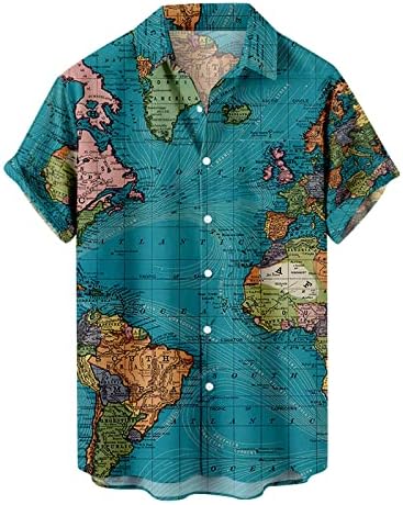 Хавајски кошули за мажи летна случајна светска мапа печатена топка со кратки ракави со кратки ракави надолу од кошули на плажа