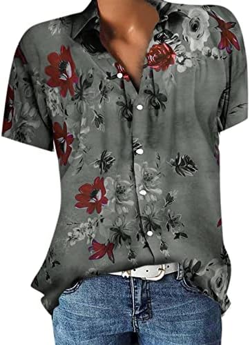 XPSJBBB женско боемско копче за цветно печатење надолу на врвовите Lapel V вратот со кратки ракави кошула лето лабава работа маица 2023