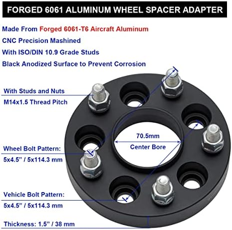 Vlaoschi Black Forged 5x4,5 Hubcentric Wheel Spacers 1,5 инчи со 14x1,5 столпчиња 70,5 mm Hub Bore компатибилен со Ford 5 LUG 5x114.3