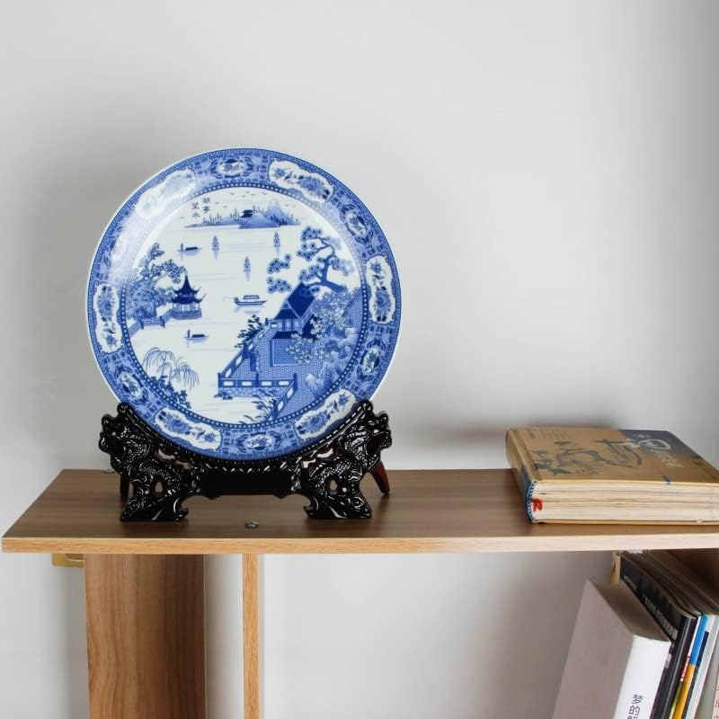 Yfqhdd павилјонска плоча керамичка украсна чинија сина и бела декорација плоча дрвена основа порцеланска плоча поставена свадба подарок